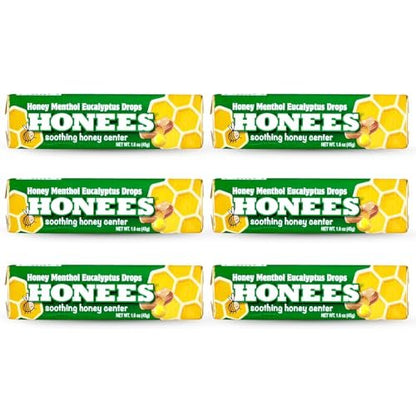Honees Filled Menthol Cough Drops, Honey, Menthol & Eucalyptus Cough Drops - Natural Sore Throat Relief - Nothing Artificial - Throat Lozenges, Non-GMO (6 Pack – 54 Drops)