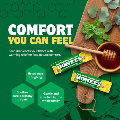 Honees Filled Menthol Cough Drops, Honey, Menthol & Eucalyptus Cough Drops - Natural Sore Throat Relief - Nothing Artificial - Throat Lozenges, Non-GMO (6 Pack – 54 Drops)