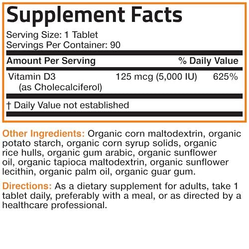 Bronson Vitamin D3 5000 IU Certified Organic Vitamin D Supplement, Non-GMO, USDA Certified, 90 Tablets - görsel 14
