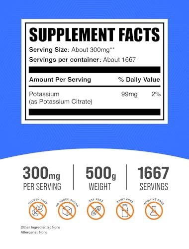 BulkSupplements.com Potassium Citrate Powder - for Hydration Support, Mineral Supplement, Potassium 99mg - Gluten Free, 300mg per Serving, 500g (1.1 lbs) (Pack of 1) - görsel 4