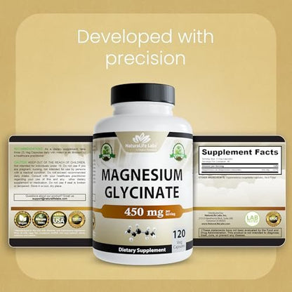 NaturaLife Labs Magnesium Glycinate - 450 mg per Serving – 120 Vegan Capsules - Non-GMO, Gluten-Free, Vegan