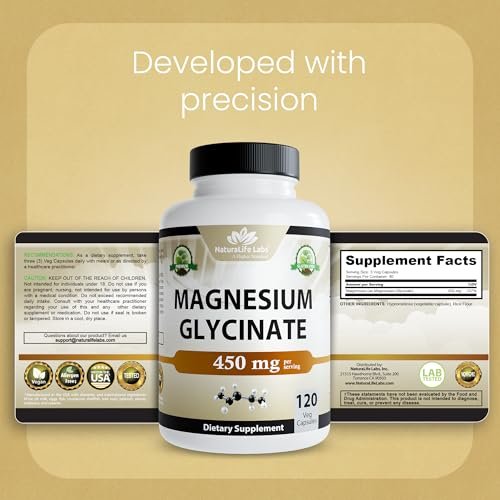 NaturaLife Labs Magnesium Glycinate - 450 mg per Serving – 120 Vegan Capsules - Non-GMO, Gluten-Free, Vegan - görsel 3