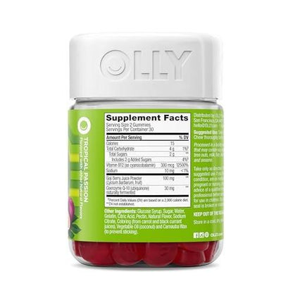 OLLY Daily Energy Gummy, Caffeine Free, Vitamin B12, CoQ10, Goji Berry, Adult Chewable Supplement, Tropical Flavor - 60 Count