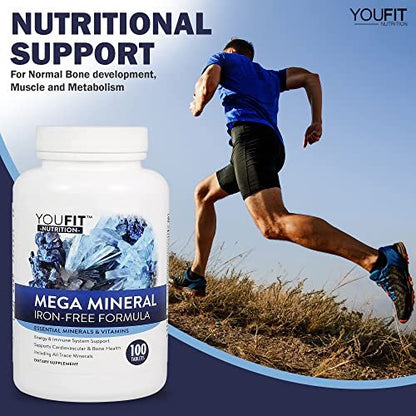 Mega Minerals Supplement by Youfit Nutrition | Trace Minerals | Premium Formula with Source of Minerals and Immune Health Support | Iron Free | All in One |1000mg Calcium 500mg Magnesium