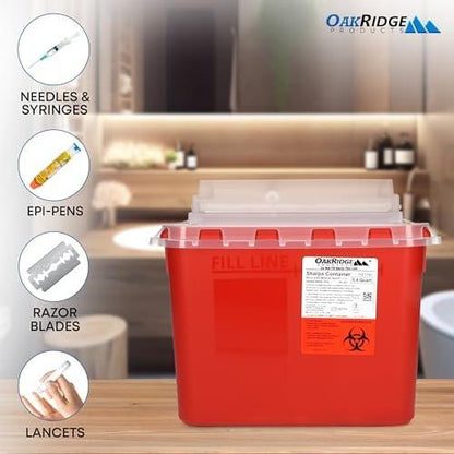 Oakridge Products Transparent Sharps Container for Home Use and Professional 5.4 Quart (2-Pack), Touchless Biohazard Needle and Syringe Disposal, Rotating Lid, CDC Certified