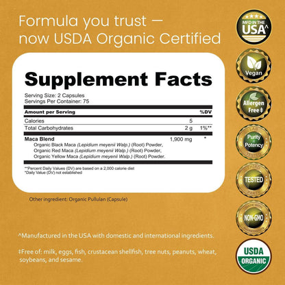 NaturaLife Labs Organic Maca Root – Black, Red & Yellow – 1900 mg per Serving – 150 Capsules – Gelatinized Peruvian Maca – Non-GMO, Gluten-Free, Vegan