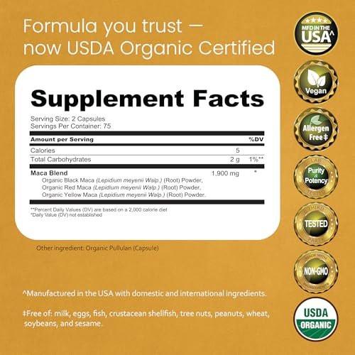 NaturaLife Labs Organic Maca Root – Black, Red & Yellow – 1900 mg per Serving – 150 Capsules – Gelatinized Peruvian Maca – Non-GMO, Gluten-Free, Vegan - görsel 4