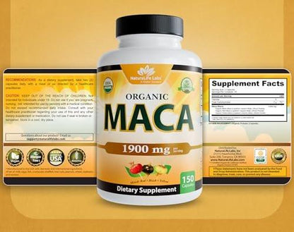 NaturaLife Labs Organic Maca Root – Black, Red & Yellow – 1900 mg per Serving – 150 Capsules – Gelatinized Peruvian Maca – Non-GMO, Gluten-Free, Vegan