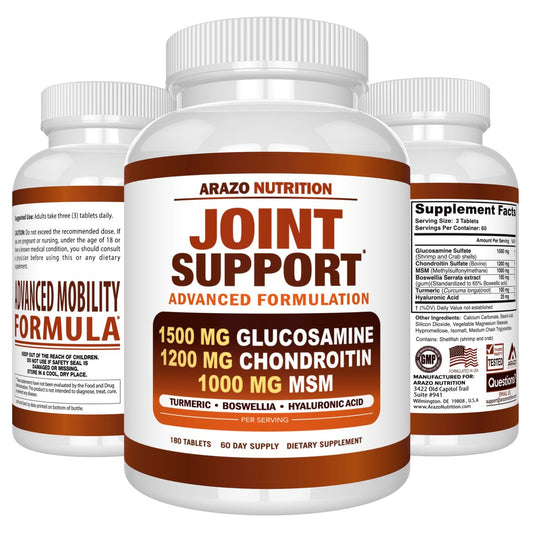 Arazo Nutrition Glucosamine Chondroitin Turmeric Msm Boswellia - Joint Support Supplement for Relief for Bones, Back, Knees, Hands (180 Tablets)