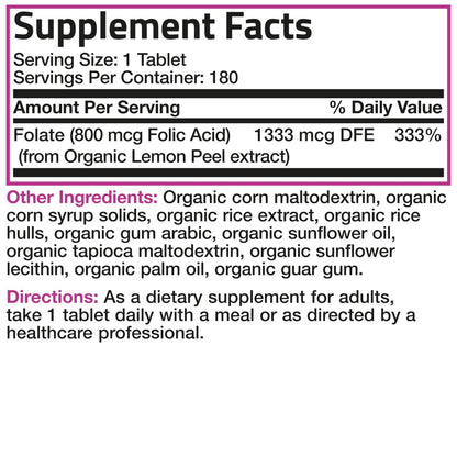 Bronson Organic Folic Acid (Vitamin B9 Folate) 800 mcg Folate from Lemon Peel, 180 Tablets