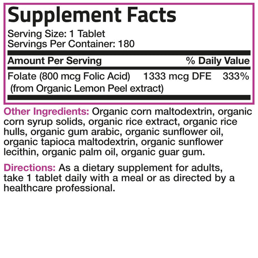 Bronson Organic Folic Acid (Vitamin B9 Folate) 800 mcg Folate from Lemon Peel, 180 Tablets