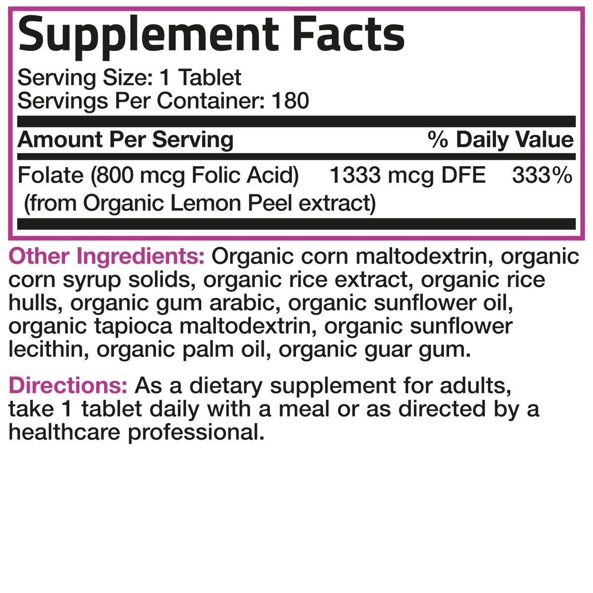 Bronson Organic Folic Acid (Vitamin B9 Folate) 800 mcg Folate from Lemon Peel, 180 Tablets - görsel 9