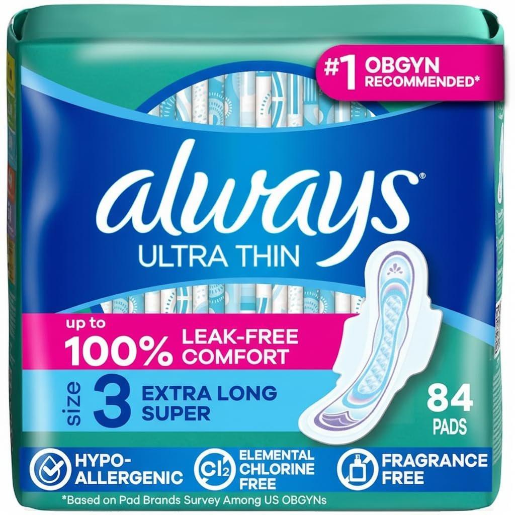 Always Ultra Thin Feminine Pads with Wings for Women, Size 3, Extra Long Super Absorbency, Unscented, Up to 100% Leak-Free Protection, 84 Count Total - görsel 1