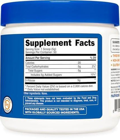 Nutricost D-Ribose Powder (250 Grams) - Pure Supplement for Energy & Recovery