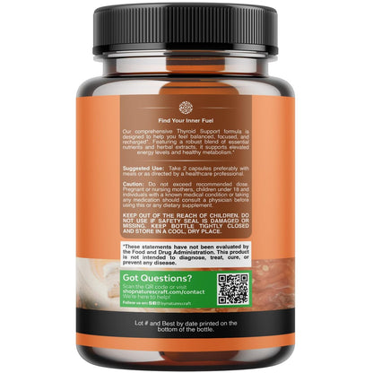 Natures Craft Herbal Thyroid Support Complex - Potent Kelp Iodine Supplement with L Tyrosine, Bladderwrack, Selenium & Ashwagandha for Hormone Balance - Mood & Energy Dietary Pills - 120 Count