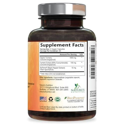 Turmeric Curcumin Supplement - 95% Curcuminoids with Organic Turmeric & BioPerine Black Pepper for Best Absorption - Daily Joint & Immune Health Support, Vegan, Non-GMO, Bottled in USA - 180 Capsules