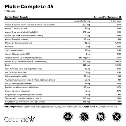 Celebrate Vitamins Bariatric Multivitamin with Iron 45 mg - Post Surgery Easy to Swallow Vegan Capsules for Gastric Sleeve & Bypass Patients, with Vitamin A, D & E, 1 Month Supply (60 Capsules)
