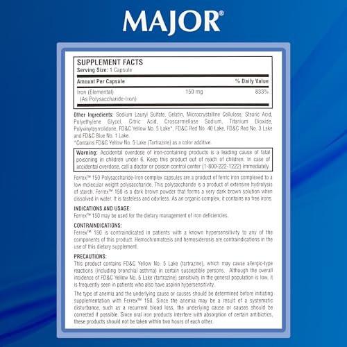 MAJOR Ferrex-150 Polysaccharide-Iron Complex Capsules 150mg Iron Supplement for Women and Men – Gentle on Stomach – 100 Capsules (1 Pack) - görsel 7