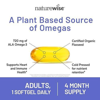 NatureWise Flaxseed Oil 1200 mg, Fish Free Omega 3 6 9 with 720mg ALA, Dietary Supplement for Heart Health Support - Organic, Cold Pressed - 120 Softgels[4-Month Supply]