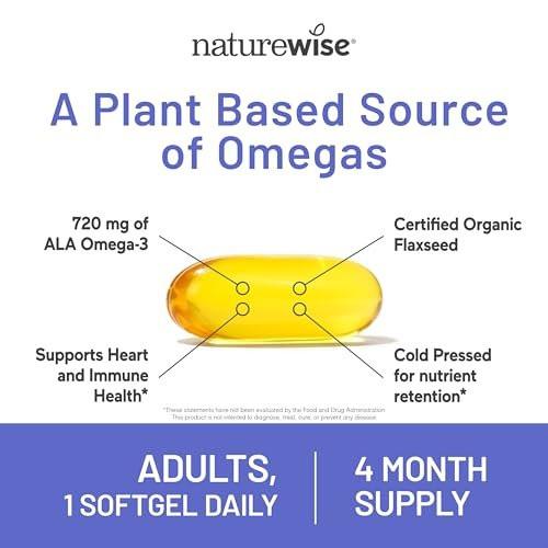 NatureWise Flaxseed Oil 1200 mg, Fish Free Omega 3 6 9 with 720mg ALA, Dietary Supplement for Heart Health Support - Organic, Cold Pressed - 120 Softgels[4-Month Supply] - görsel 2