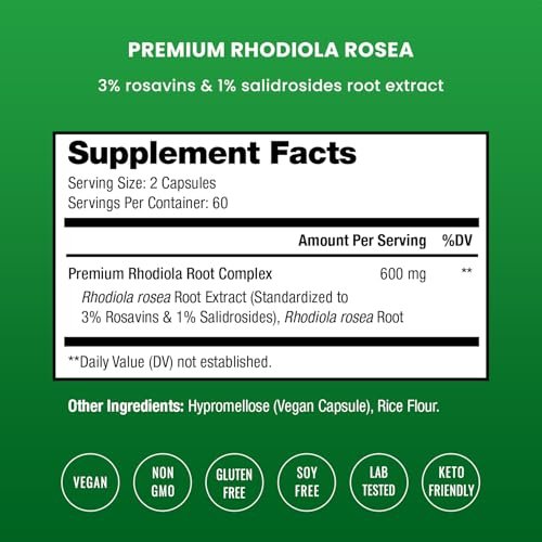 Rhodiola Rosea Supplement 600mg | 120 Vegan Capsules | Rhodiola Rosea Extract for Energy, Stress Relief, Mood and Focus | Adaptogenic Root with Rosavin & Salidrosides | 300mg Pills by NutraChamps - görsel 1