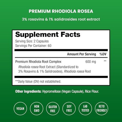 Rhodiola Rosea Supplement 600mg | 120 Vegan Capsules | Rhodiola Rosea Extract for Energy, Stress Relief, Mood and Focus | Adaptogenic Root with Rosavin & Salidrosides | 300mg Pills by NutraChamps