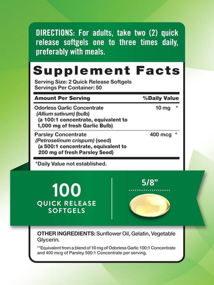 Nature's Truth Odorless Garlic and Parsley | 100 Softgels | Non-GMO & Gluten Free Extract Supplement