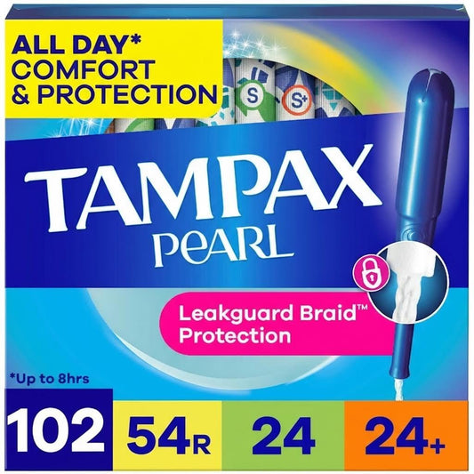Tampax Pearl Tampons for Women Multipack, Regular/Super/Super Plus Absorbency, With Leakguard Braid, Unscented, 102 Count (3 Packs of 34)