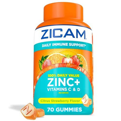 Zicam Daily Immune Support Gummy Supplement, Zinc, Vitamin C and Vitamin D, Citrus Strawberry Flavor, 70 Count