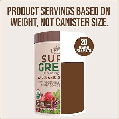 Country Farms Organic Super Greens Chocolate Flavor, 50 Organic Super Foods, USDA Organic Drink Mix, Packed with Fiber, Fruits, Vegetables, Mushrooms & Probiotics, Supports Energy, 7g Fiber