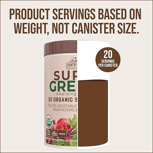 Country Farms Organic Super Greens Chocolate Flavor, 50 Organic Super Foods, USDA Organic Drink Mix, Packed with Fiber, Fruits, Vegetables, Mushrooms & Probiotics, Supports Energy, 7g Fiber - görsel 6