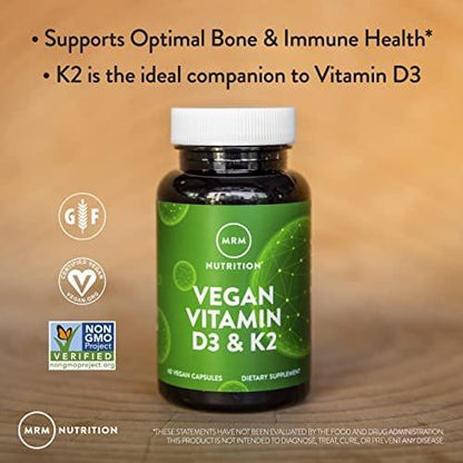 MRM Nutrition Vegan Vitamin D3 & K2 - For Women & Men - Plant‑Based D3 from Lichens with MK‑7 Vitamin K2, Vegan Calcium Absorption Support for Bone & Immune Health, Certified Non‑GMO - 60 Servings