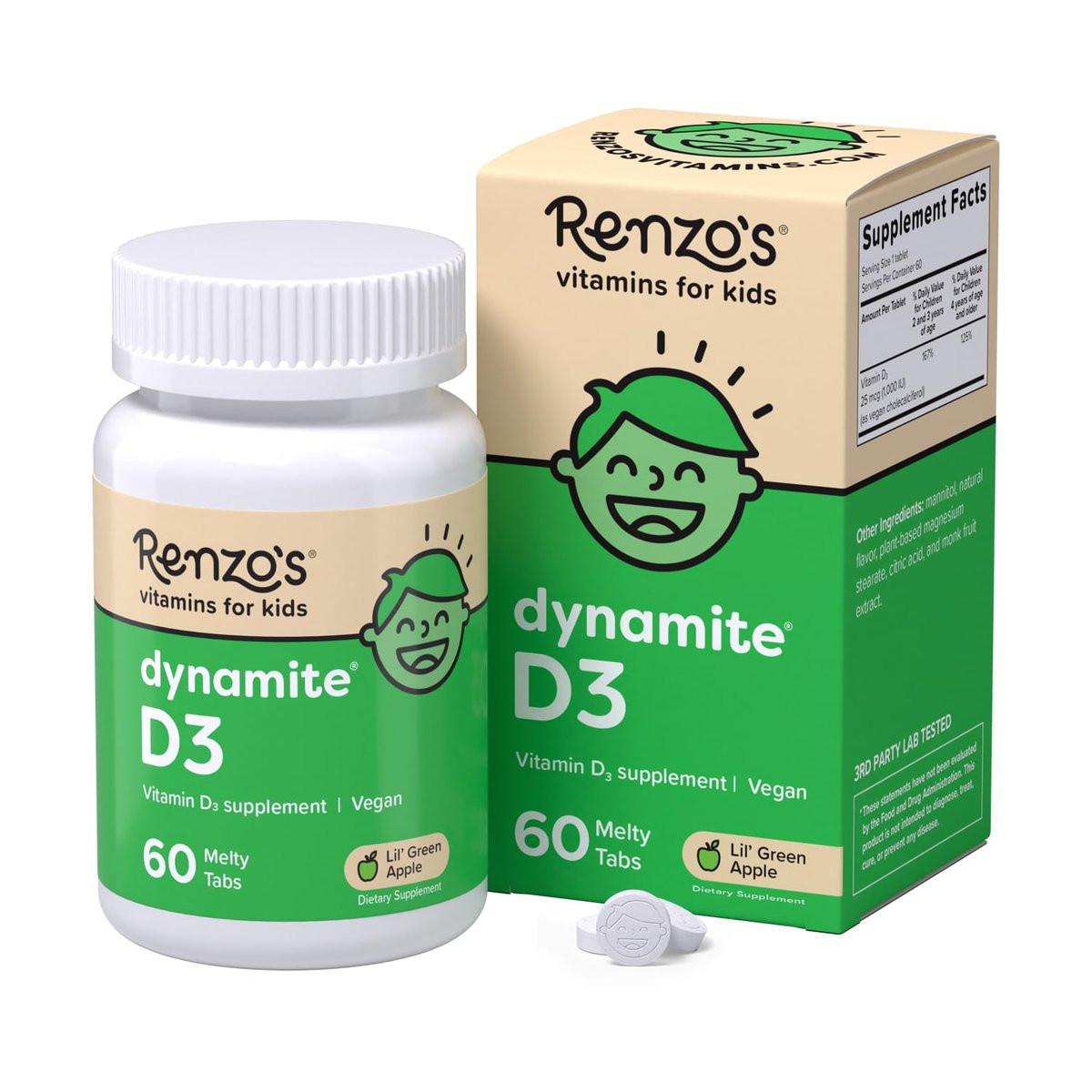 Renzo's Dynamite Vitamin D3, Dissolving Kids Vitamin D3, 60 Sugar-Free Melty Tabs, Lil’ Green Apple Flavored - görsel 3
