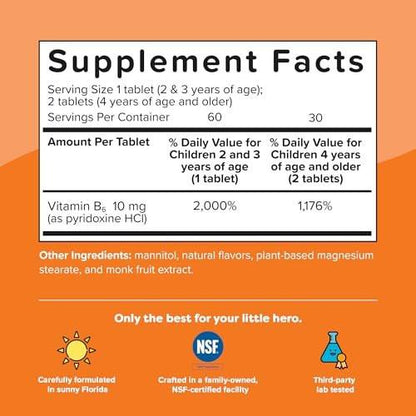 Renzo's Bright & Brainy Vitamin B6, Dissolving Kids Vitamin B6, 60 Sugar-Free Melty Tabs, Oh Oh Oh Orange Flavored