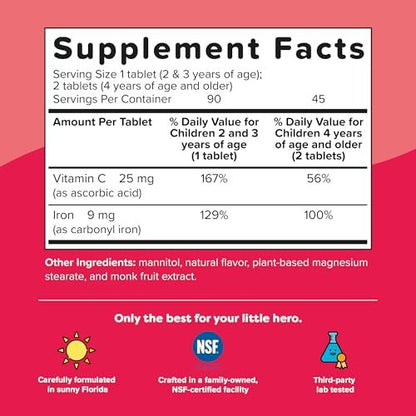 Renzo's Iron Supplements for Kids, Dissolvable Vegan Kids Iron Supplement with Vitamin C, Sugar-Free Melty Tabs, Orange Flavor, 90-Count