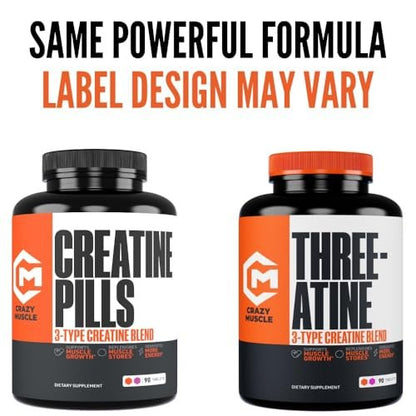 Crazy Muscle Creatine Pills, 5g 3X Pure Creatine Monohydrate, Pre Workout Bulk Muscle Mass Gainer, High Absorption Easy to Take ThreeAtine 3 Type Optimum Performance for Lean Growth Men Women