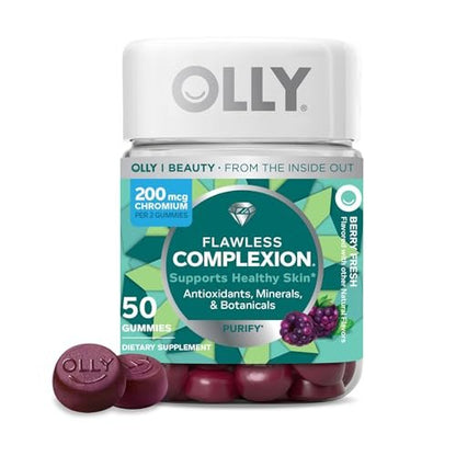 OLLY Flawless Complexion Gummy - Clear and Healthy Skin Support with Vitamins E, A, Zinc - Chewable Berry Supplement - 50 Count