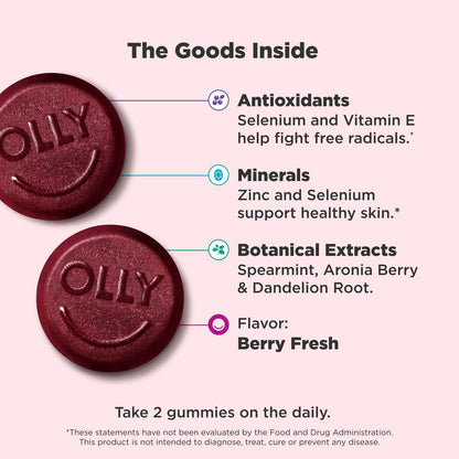 OLLY Flawless Complexion Gummy - Clear and Healthy Skin Support with Vitamins E, A, Zinc - Chewable Berry Supplement - 50 Count