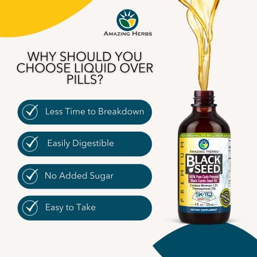 Amazing Herbs Premium Black Seed Oil - Gluten Free, Non GMO, Cold Pressed Nigella Sativa Aids in Digestive Health, Immune Support, Brain Function - 4 Fl Oz - görsel 8