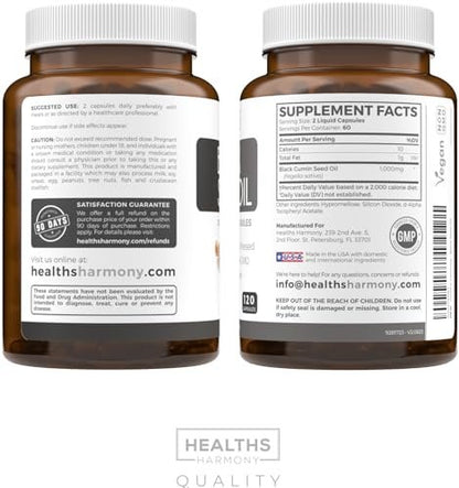 Black Seed Oil - 120 Softgel Capsules Skin Health (Non-GMO & Vegan) Cold-Pressed Nigella Sativa Producing Pure Black Cumin Seed Oil with Vitamin E - 500mg Each, 1000mg Per 2 Capsule Serving