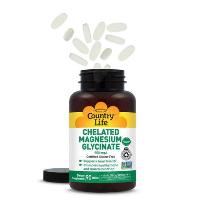 Country Life Chelated Magnesium Glycinate 400mg – High Absorption Magnesium for Calm, Muscle Relaxation, Energy & Bone Support – Certified Gluten-Free, Vegan, Kosher, Non-GMO – 90 Tablets