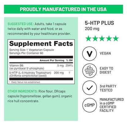 NatureWise 5-HTP 200mg Supplement from Griffonia Seeds with Cofactor Vitamin B6 - Mood Support and Natural Sleep Aid for Adults - Delayed-Release, Vegan - 60 Count [2-Month Supply]