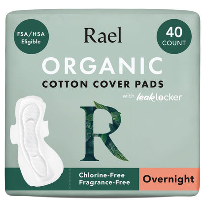 Rael Pads for Women, Organic Cotton Cover - Period Pads with Wings, Feminine Care, Sanitary Napkins, Heavy Absorbency, Unscented, Ultra Thin (Overnight, 40 Count)