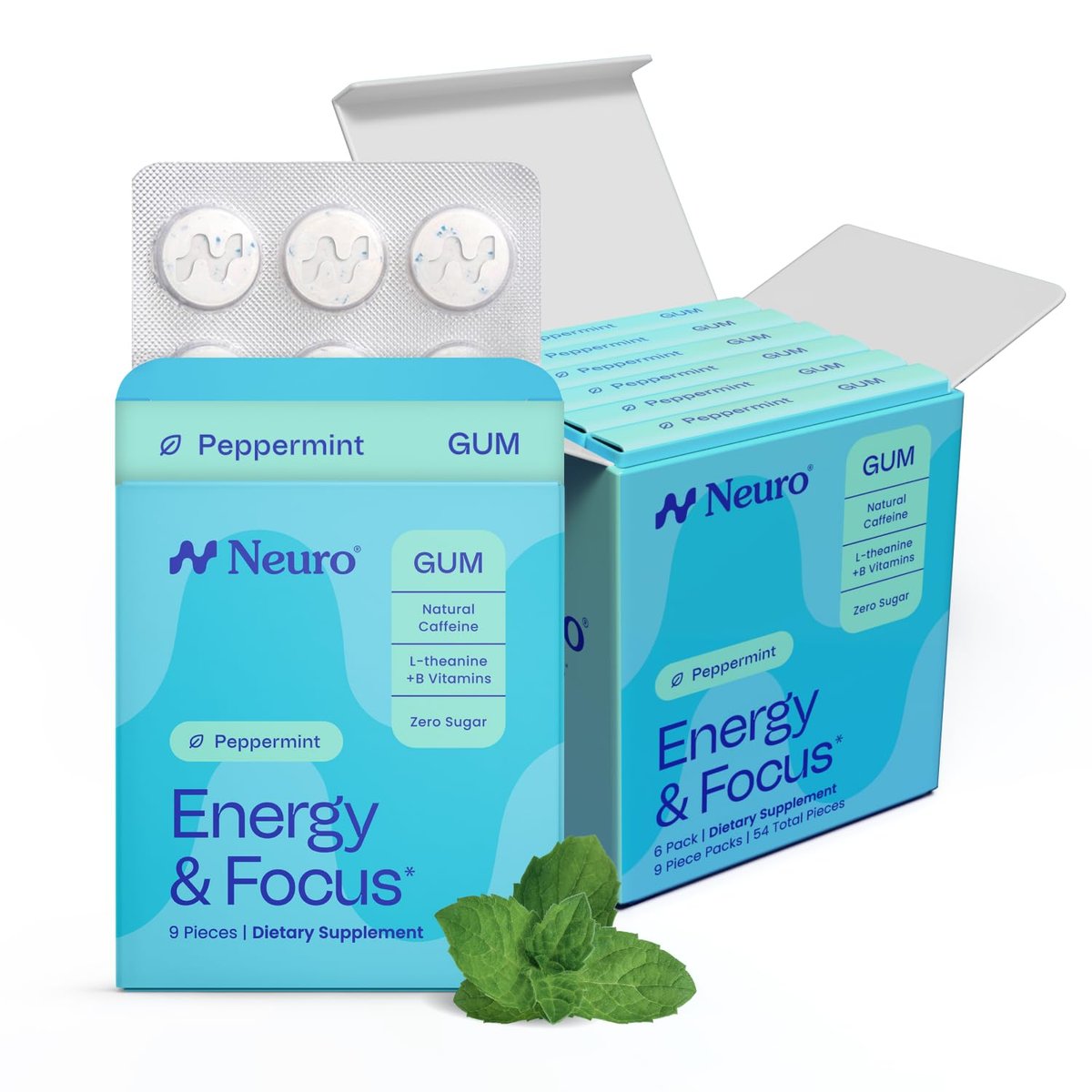 Neuro Energy & Focus Gum - Caffeine Gum with 40mg Natural Caffeine & L-Theanine - Nootropic Energy Supplement with B Vitamins - Sugar Free, Vegan - Peppermint, 54ct - görsel 1