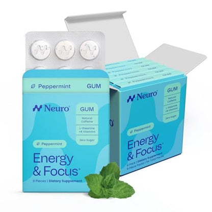 Neuro Energy & Focus Gum - Caffeine Gum with 40mg Natural Caffeine & L-Theanine - Nootropic Energy Supplement with B Vitamins - Sugar Free, Vegan - Peppermint, 54ct