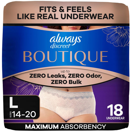 Always Discreet Boutique Incontinence and Postpartum Underwear for Women, Maximum Protection, Large, Rosy, 18 Count