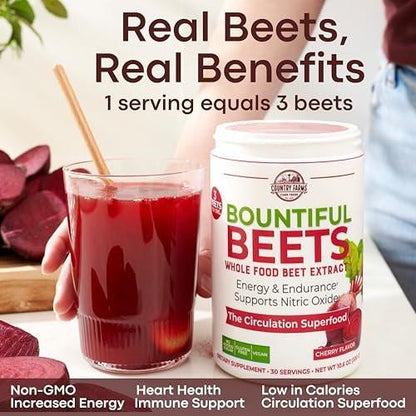 Country Farms Bountiful Beets, Wholefood Beet Extract Superfood, Helps Support Healthy Circulation and Promote Energy, Nitric Oxide Boost, Cherry Flavor, 30 Servings