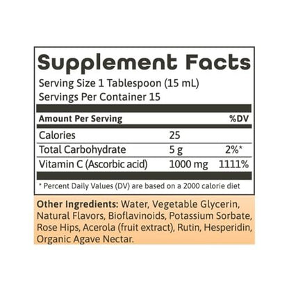 Dynamic Health Liquid Vitamin C Natural Citrus - 1000 mg per Serving, Liquid Supplement for Men and Women, with Bioflavonoids & Rose Hips, Vegetarian & Gluten Free - 8 fl oz