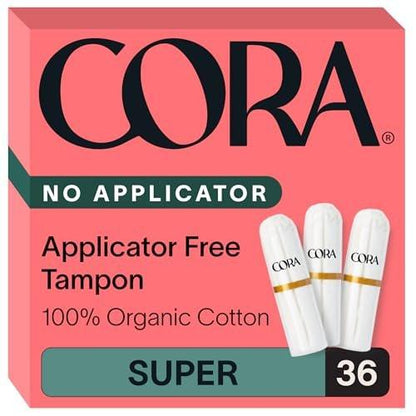 Cora Organic Cotton Non-Applicator Tampons – 36 Super Tampons, 100% Organic Cotton