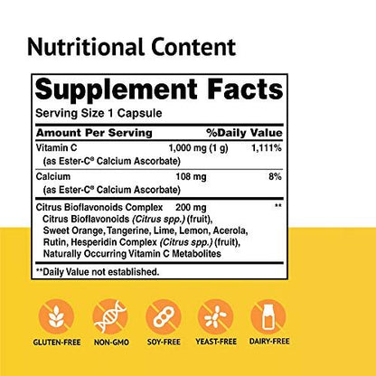 Ester-C American Health with Citrus Bioflavonoids Capsules - 24-Hour Immune Support, Gentle On Stomach, Non-Acidic Vitamin C - Non-GMO, Gluten-Free - 1000 mg, 90 Count